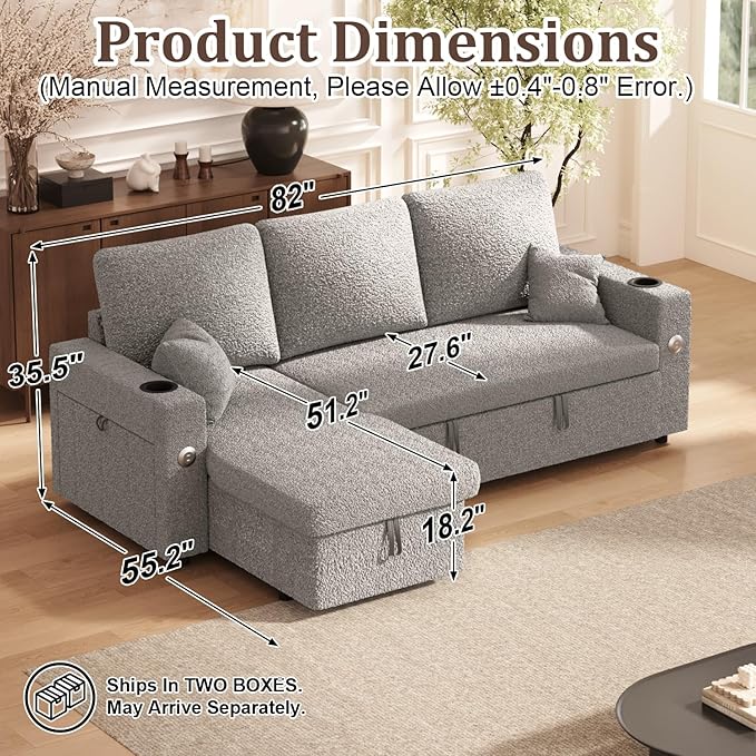 Sleeper Sofa Bed, 4-in-1 Pull Out Couch with Reversible Chaise | Dual USB & Type-C Charging | Dual Cup Holders | Layered Storage (Armrest + Chaise) for Living Room, Apartment, Home Office (Light Gray)
