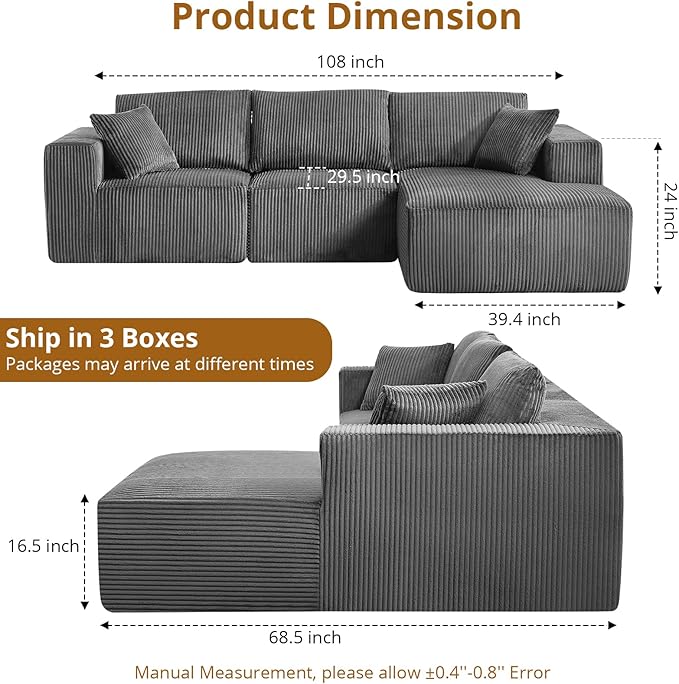 Sectional Cloud Boneless Couch 108" Modern Comfy L-Shape No Assembly Required Convertible Compression Sleeper Modular Sofa with Corduroy Fabric Deep Seat Loveseat + Chaise for Living Room