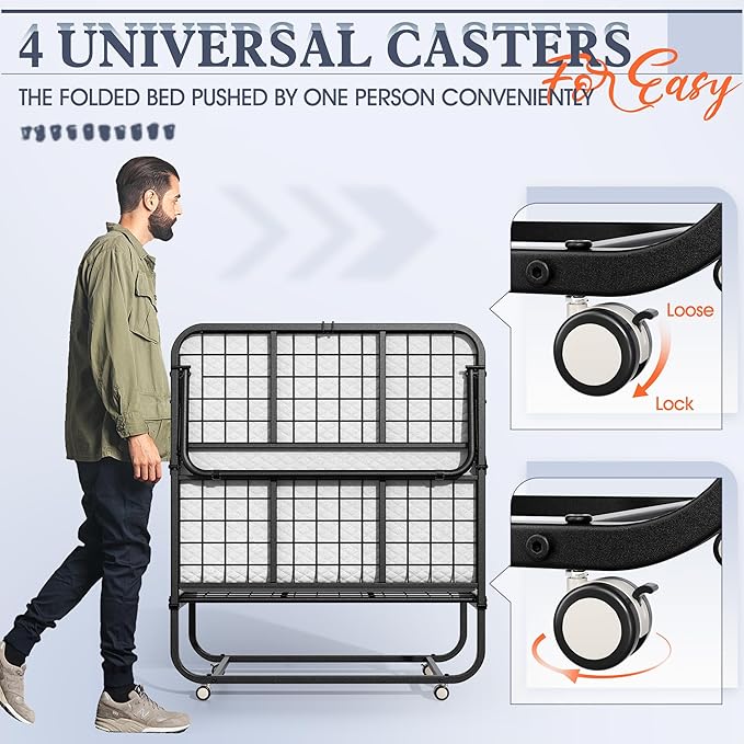 INTERGREAT Folding Bed, 75" x 31" Cot Size Portable Folding Beds for Adults, Metal Foldable Bed on Wheels for Guest, Space Saving Roll Away Beds for Easy Storage