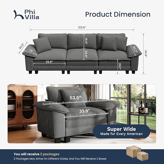 PHI VILLA Modular Couches Sets, 123.6" Cloud Sectional Sofa with Upholstered Deep Seat, 3-Seater Couch for Living Room Apartment, Corduroy Fabric, Grey