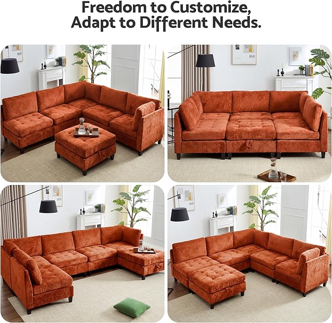Luxe Oversized Modular Sectional Sofa Set，Modern Chenille Comfy Sectional Cloud Couch for Living Room (5-Seater + 1*Ottoman+ Tea Tray, Orange)