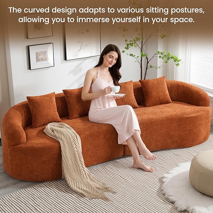 110" Boneless 4 Seater Sofa Couch, Modern Oversized Curved Cloud Sofa, Chenille 4-Seater Deep Seat Sectional Couches for Living Room, No Assembly, Orange