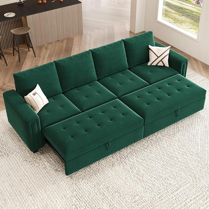 Belffin Modular Sectional Sleeper Sofa with Pull Out Bed Convertible Velvet Sleeper Sofa with Storage Sectional Couches for Living Room Green