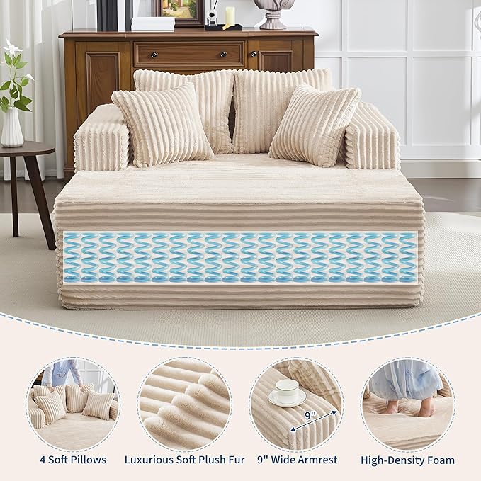 Oversized Chaise Lounge Chair Indoor 61" D x 54" W 2‑Person Comfy Cloud Boneless Couch Corduroy Foam No Assembly Required Sofa Bed with 4 Pillows & Armrests for Living Room & Bedroom