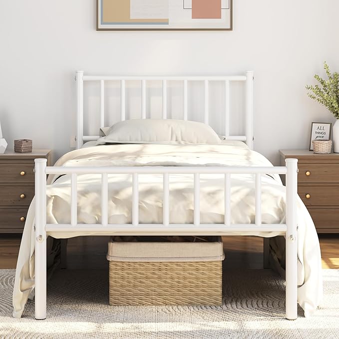 Yaheetech Twin Size Bed Frame Metal Platform Mattress Foundation with Spindle Headboard & Footboard/No Box Spring Needed/14 Inch Underbed Storage/Firm Support Easy Set up Structure, White