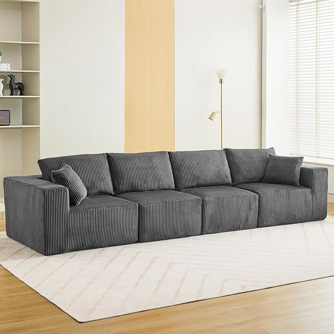Sectional Cloud Boneless Couch 137" Modern Comfy Linear Straight No Assembly Required Convertible Compression Sleeper Modular Sofa with Corduroy Fabric 4 Deep Seat Single for Living Room