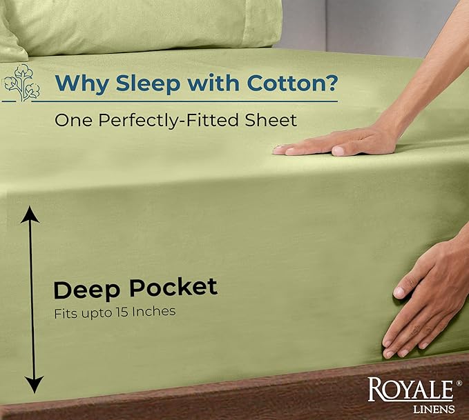Royale Linens 100% Organic Cotton Fitted Sheet - Percale Weave - Super Soft Deep Pocket Bottom Sheets - Sage Green Elastic Sheet Queen Size - Queen Fitted Sheets Only - (60"x80"+15", Sage Green)