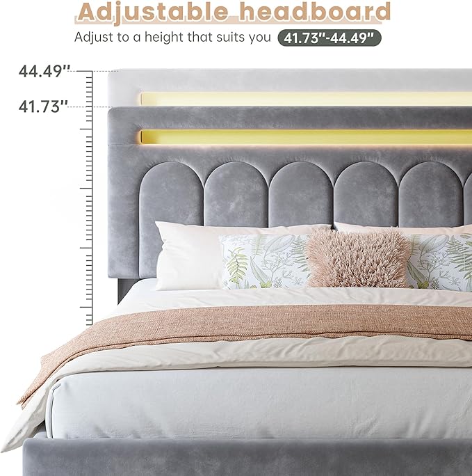 Homkdom Velvet Upholstered Queen Bed Frame with 4 Storage Drawers, Vertical Arched LED Headboard, Sturdy Wood Slats Support, No Box Spring Needed, Grey