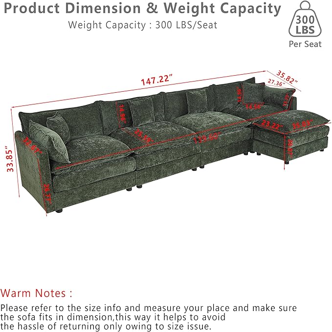 Setawix Deep 4 Seater Couch with Ottoman,147.22" L-Shaped Cloud Couches for Living Room,Chenille Cloud Sofa Couch with Deep Seat,Modular Sectional L Shape 4 Seat Sofa for Bedroom (Green, 4+1)