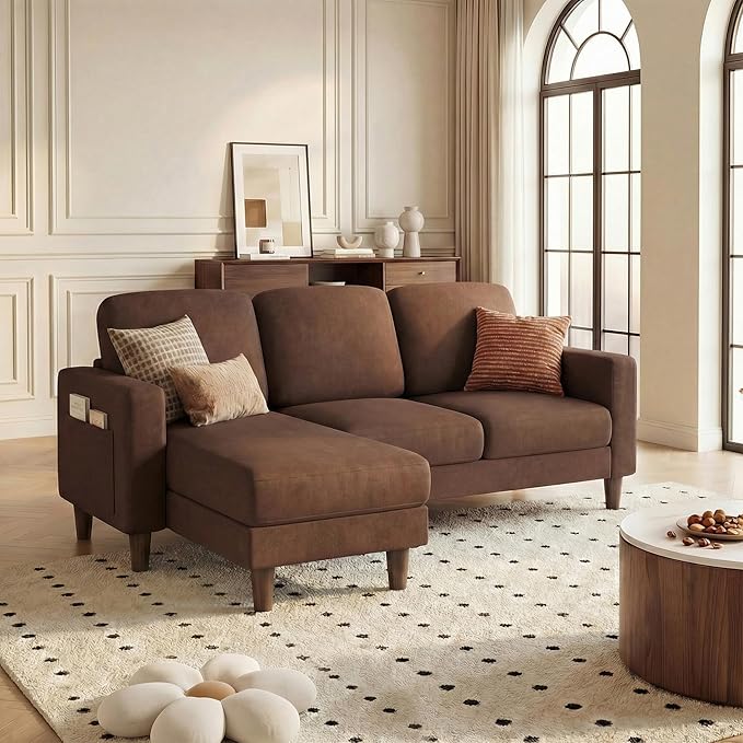 YESHOMY L-Shaped Sofa Couch, Small Couch with Reversible Chaise and Ottoman, Convertible Sectional Comfy 3 Seat Sofas with Side Pockets for Apartment and Living Room (Brown)