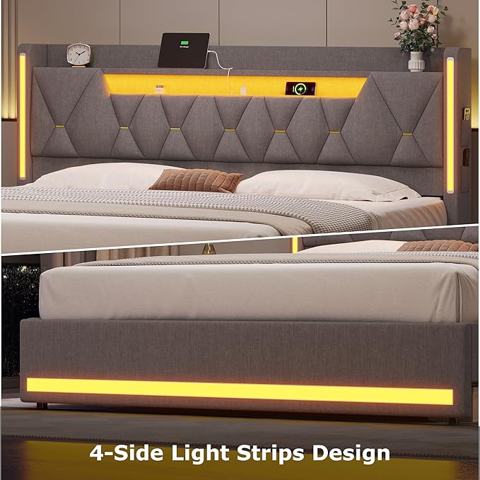 busyaeh King Size Bed Frame with Marshmallow Headboard and Storage, King Bed Frame with LED Lights & Charging Station, Upholstered Platform Bed with Metal Support, No Noise, No Box Spring Needed,Gray
