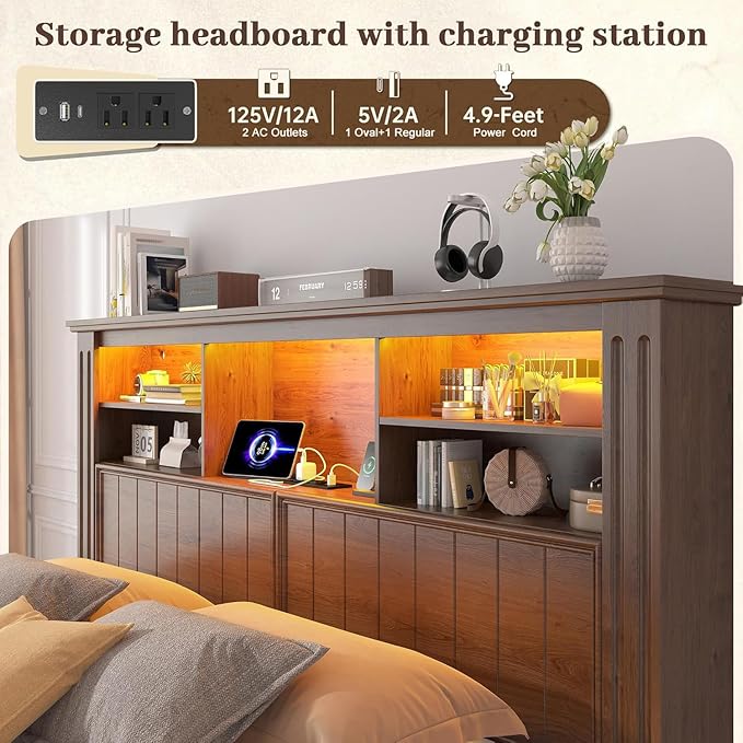 EnHomee King Size Bed Frame with 4 Storage Drawers, King Bed Frame and Headboard with LED Lights & Charging Ports,No Box Spring Needed,NO Noise,Wooden,Brown