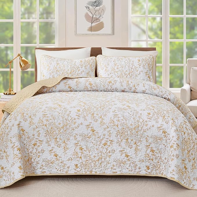 WONGS BEDDING Quilt King Size, Orange Quilt Bedding Set with 2 Pillowcases, Botanical Quilt for King Bed, Soft Microfiber Lightweight Coverlet Bedspread for All Season (110"×90", 3 Pieces)