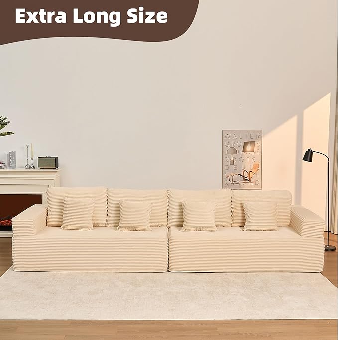 Chaise Lounge Chair, Boneless Couch for Living Room and Bedroom, Set of Sleeper Couches Reading Chairs, Corduroy, White