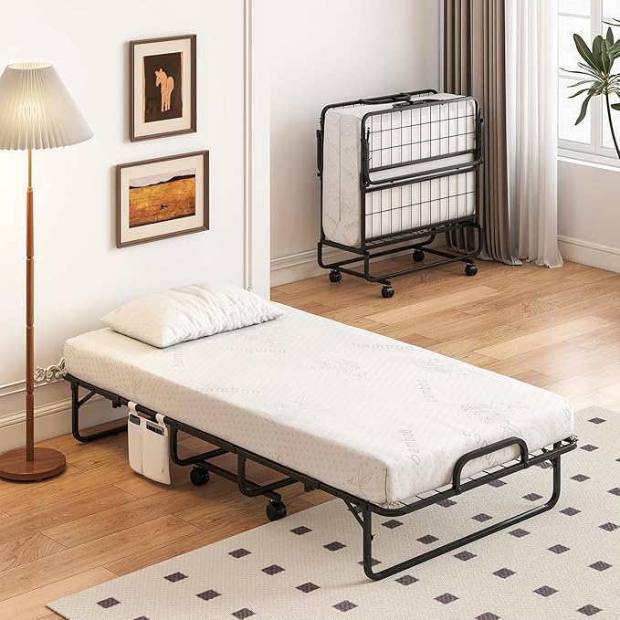 Giantex Twin Folding Bed with 5 Inch Mattress, Rollaway Guest Bed with Top Pillow, Storage Pocket & Metal Frame, Space-Saving Fold up Beds, Portable Roll Away Beds for Adults, 75" x 39"
