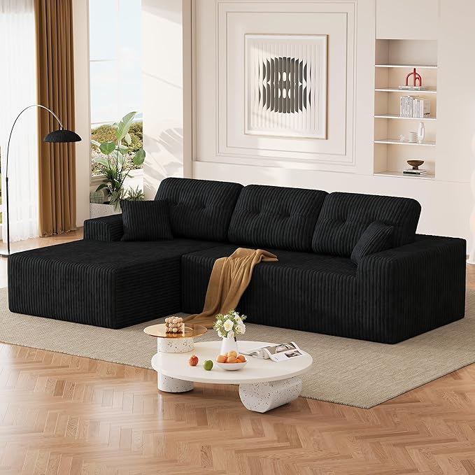 Ball & Cast 106" Boneless Sectional Sofa, Corduroy Modular L Shaped Couch with Deep Seat Chaise, Cloud Style Oversized Sectional Couch for Living Room, No Assembly, Left Facing, Black