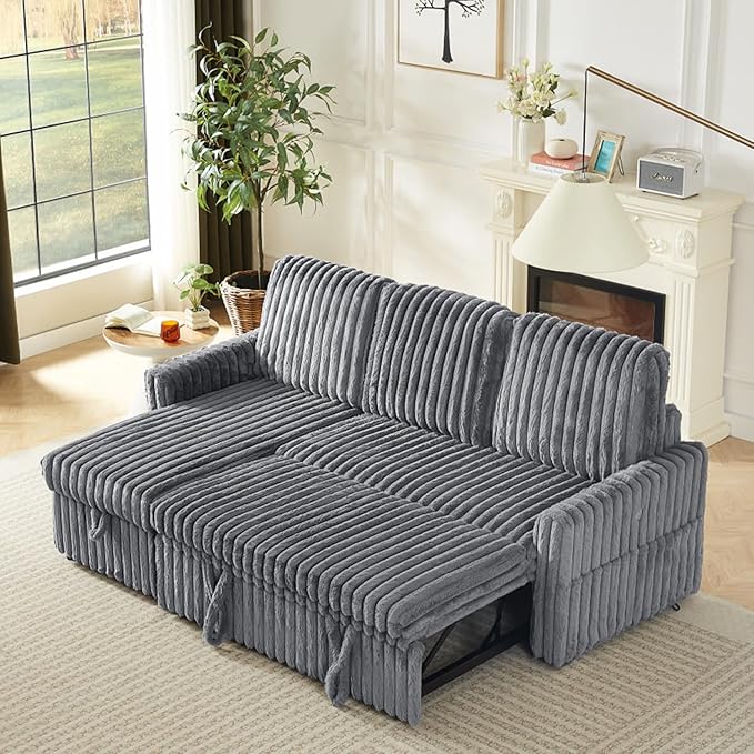 Sleeper Sofa Bed, 81” Pull Out Couch Bed with Reversible Storage Chaise, 3 in 1 L-Shaped Couch with Charging Station, Cup Holder, Side Pocket, Plush Corduroy Couches for Living Room(Light Grey)