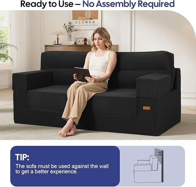 MeMoreCool Boneless Couch Convertible Sofa Bed Queen, Corduroy Futon Couch Sleeper Sofa, Boneless Loveseat Pull Out Couch Bed, Fold Out Floor Sofa for Living Room Bedroom Apartment, Black
