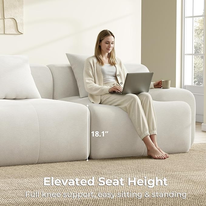 LIKIMIO LumiCord Modular Sectional Sofa with Ottoman, 118" L-Shaped Boneless Couch for Living Room, Oversized Deep Seat with Corduroy Upholstery, No Assembly Required, Beige