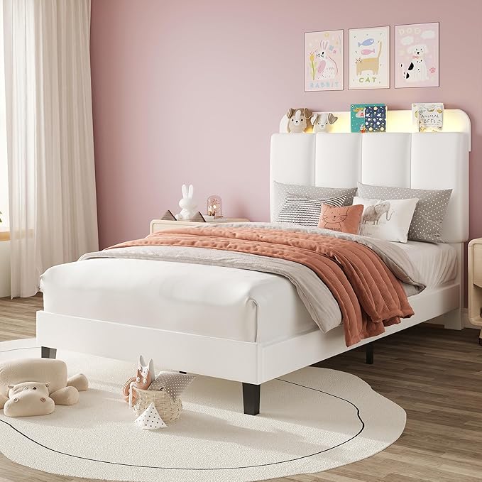 BarnFurin Twin Bed Frame with LED Lights, Upholstered Platform Bed with Storage Headboard, Kids Twin Bed Frame, No Box Spring Needed, Noise-Free, Easy Assembly, White