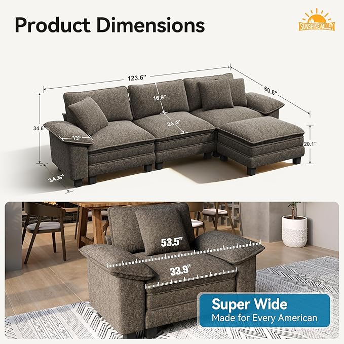 L Shaped Modular Cloud Couch, 123.6'' Comfy Chenille Sectional Sofa with Wider Armrest and Ottoman, Upholstered 4-Seat Modern Deep Seat for Bedroom Living Room, Smoky Grey