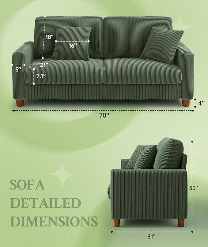 70.2" Couches for Living Room, Comfy Green Couch 7.1" Extra Thick Cushion, Sofas for Living Room Tool-Free Setup, Loveseat Sofa 705lbs Support, Corduroy Couch for Bedroom, Apartment, Office