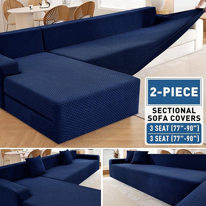 ZNSAYOTX Sectional Couch Covers, Stretch Jacquard Slipcovers with Elastic Bottom for L-Shape Sectional Sofa, 2 Pcs Pet Friendly Modular Sofa Protector (3 Seat Couch + 3 Seat Chaise, Navy Blue)