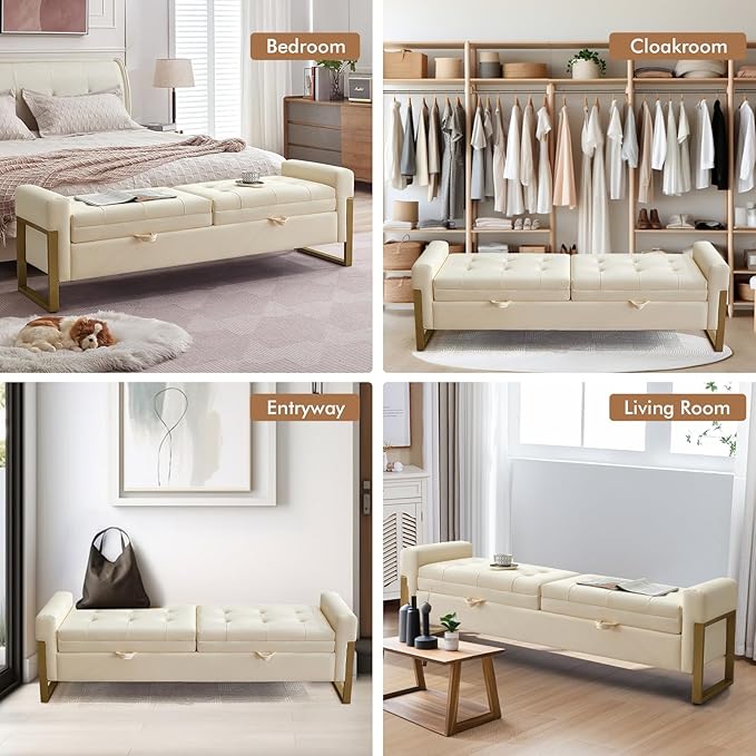 67" End of Bed Storage Bench King Size, Upholstered Faux Leather Bench for Bedroom Foot of Bed, Double Lids Storage Ottoman Bench with Golden Legs for Window Living Room Entryway, Beige
