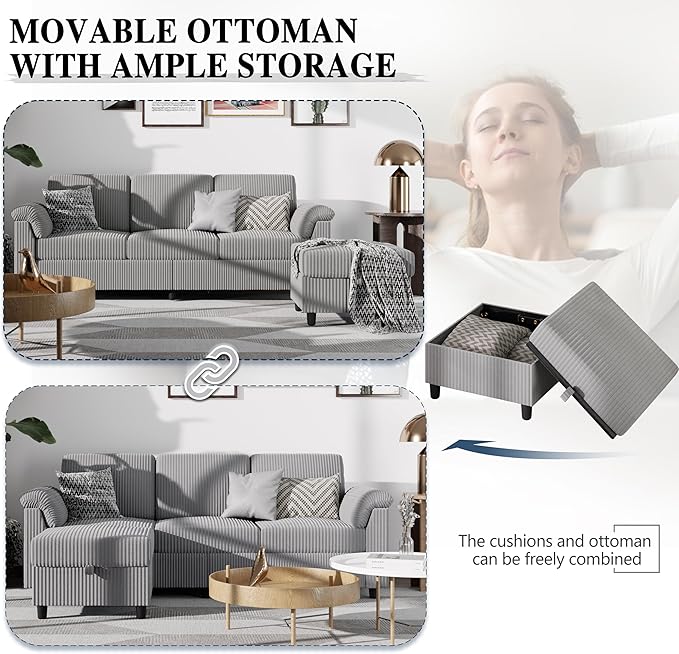 Meilocar Sectional Sofa Couch for Living Room, 79" Sectional Couches with Storage Ottoman, L Shaped Couch with Sloping Armrests, 3-Seat Sofa Couches for Small Space, Light Grey | Breathable Material
