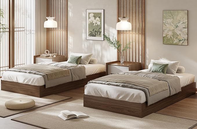 Wood Platform Bed with Sturdy Wooden Slats, Twin Size Floor-Standing Bed Frame, Modern Minimalist Design Space-Saving Bed Frame, No Box Spring Needed, Easy Assembly