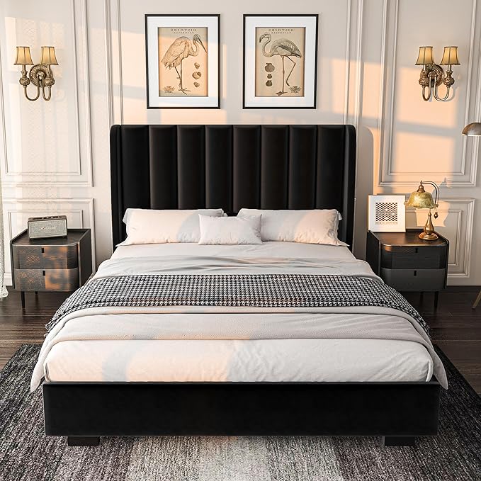 knoworld Queen Size Lift Up Storage Bed Frame with 51" Tall Headboard, Upholstered Velvet Wingback Tufted Design, Wood Slats Support, No Box Spring Required, Noise-Free Double Bed Frame (Queen,Black)