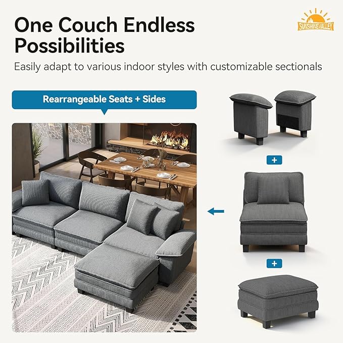 U Shaped Modular Cloud Couch, 157.5'' Oversized Corduroy Sectional Sofa with Wider Armrest and Ottoman, Upholstered 6-Seat Modern Deep Seat for Bedroom Living Room, Grey