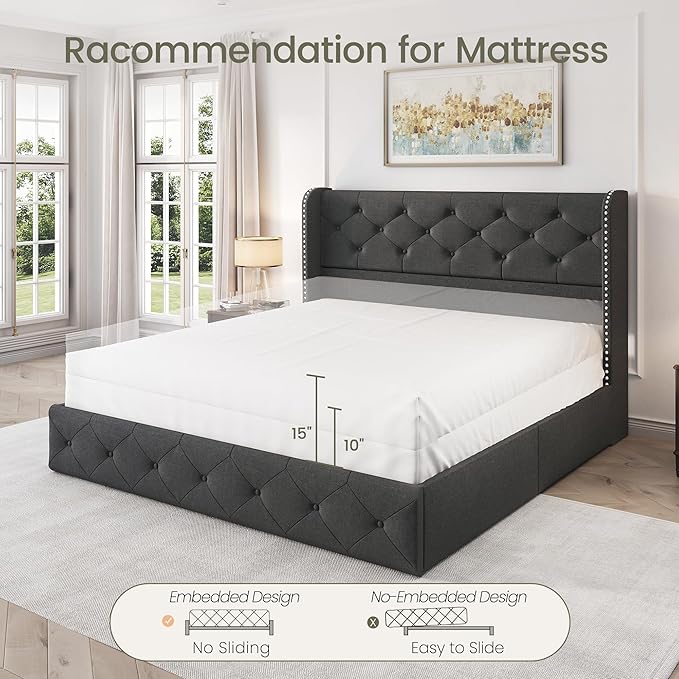 LARMACE Full Size Bed Frame with 4 Storage Drawers and 47.2" Tall Wingback Headboard Linen Upholstered Platform Bed Frame Tufted Beds with Wooden Slats Support, Easy Assembly, Dark Grey