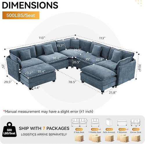 113'' V Shaped Cloud Sectional Sofa, Oversized Deep Seat Couches for Living Room, Chenille Comfy Upholstered Modular Sectional Sofa Couch with 2 Movable Ottoman, Blue