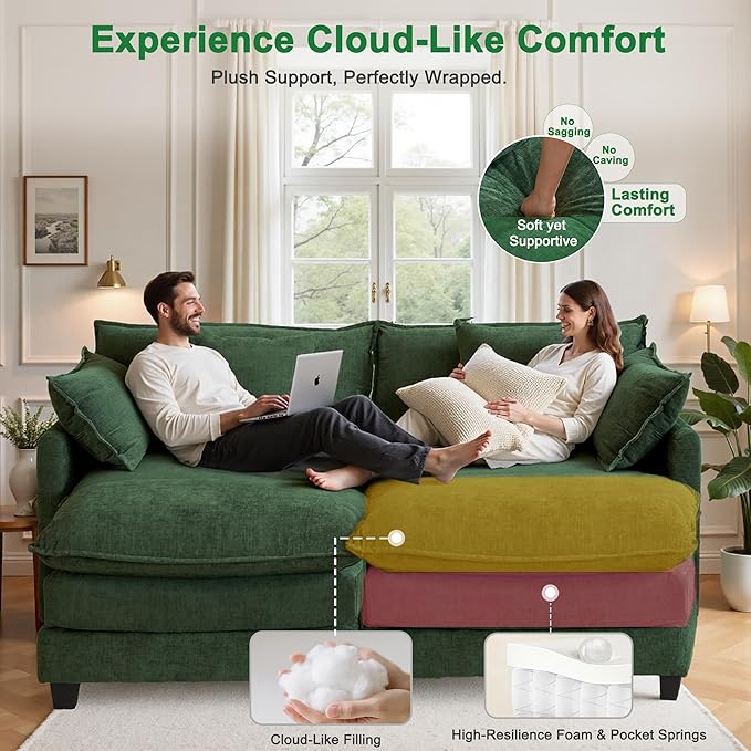 Expandable L-Shaped Sectional Sofa with Ottoman for Apartments, 77" Cloud Chenille Couch, Create a U-Shape Layout with Optional 2nd Ottoman, Solid Wood Frame, Easy Assembly