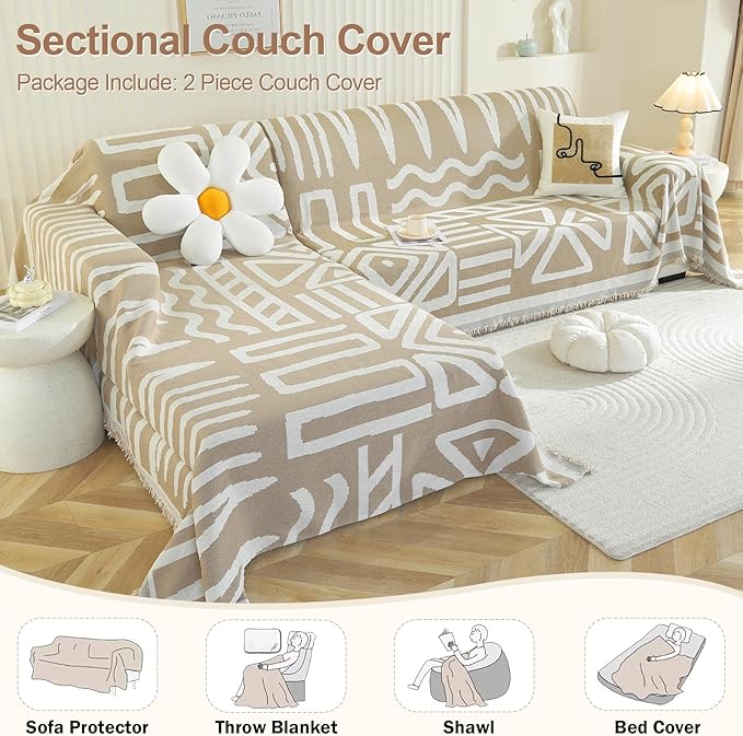 OstepDecor Boho Sectional Couch Covers 2 Pieces, L Shaped Sofa Cover, Chenille Couch Cover for Dogs Washable, Couch Cover Blanket, Sofa Slipcover for 2-3 Cushion Couch (71"x102"+71"x118", Khaki)