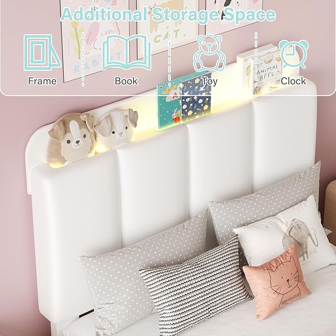 BarnFurin Twin Bed Frame with LED Lights, Upholstered Platform Bed with Storage Headboard, Kids Twin Bed Frame, No Box Spring Needed, Noise-Free, Easy Assembly, White