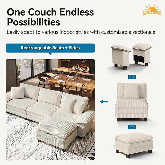 L Shaped Modular Cloud Couch, 157.5'' Oversized Corduroy Sectional Sofa with Wider Armrest and Ottoman, Upholstered 5-Seat Modern Deep Seat for Bedroom Living Room, Beige