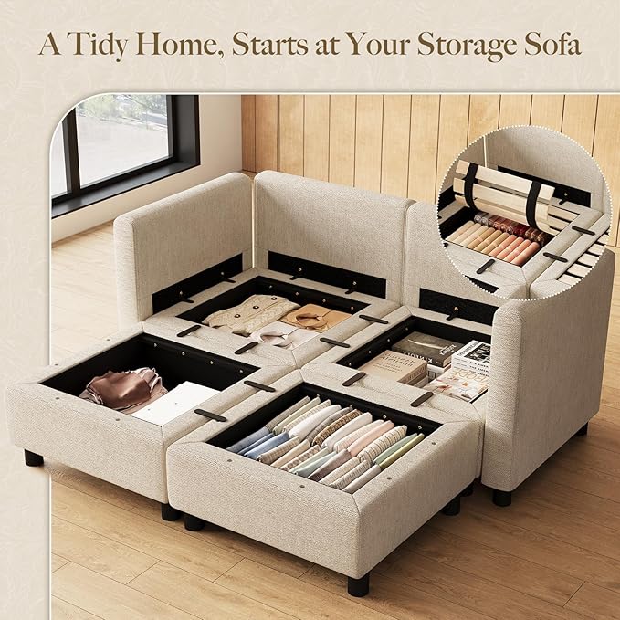 Belffin 58.3" Modular Sectional Sofa 4 Seats Sleeper Sofa Washable Sectional Couches for Living Room Comfy Couches with Storage Seat Couch Sofas with Chaise,Beige