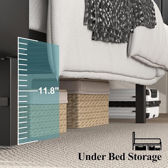 King Size Bed Frame with Star Projector & Charging Station, PU Leather Upholstered Platform with 2-Tier Storage Headboard & Storage Ottoman, Metal Support, Noise-Free, No Box Spring Needed, Black