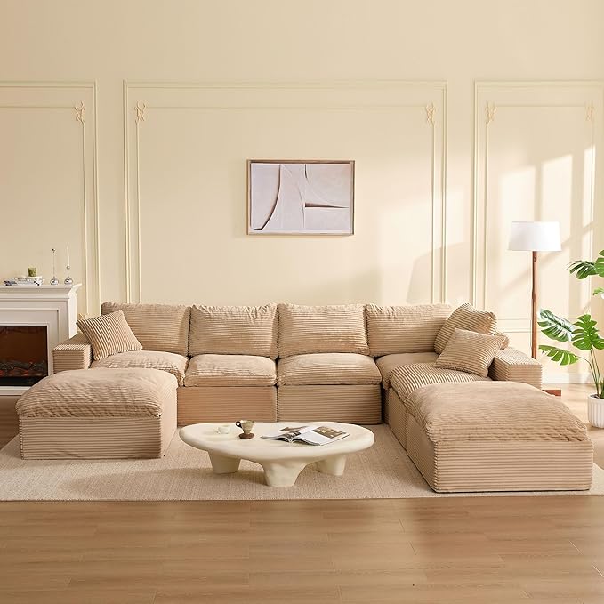 137.8” Sectional Couches for Living Room, Set of Cloud Couch, Modular Sectional Sofa, Convertible Sofas Bed, Deep Seat Sofa, Sleeper Sofa Full Size, Corduroy, Camel