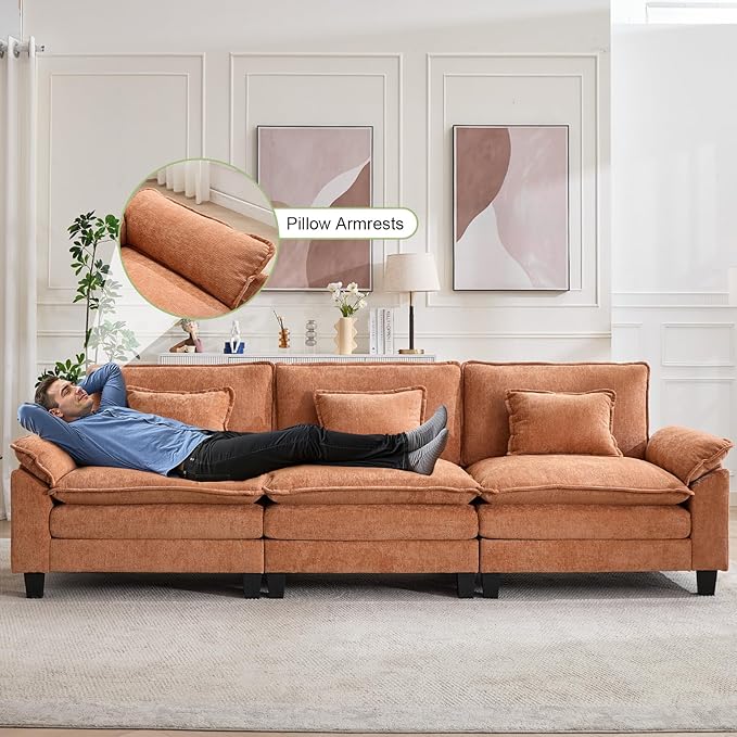 120" Modular Sectional Sofa, Comfy Cloud Couch Sectional, Chenille Sofa Sleeper Deep Seat Sofa with Throw Pillows for Living Room (Orange, 120"- 3 Seater)