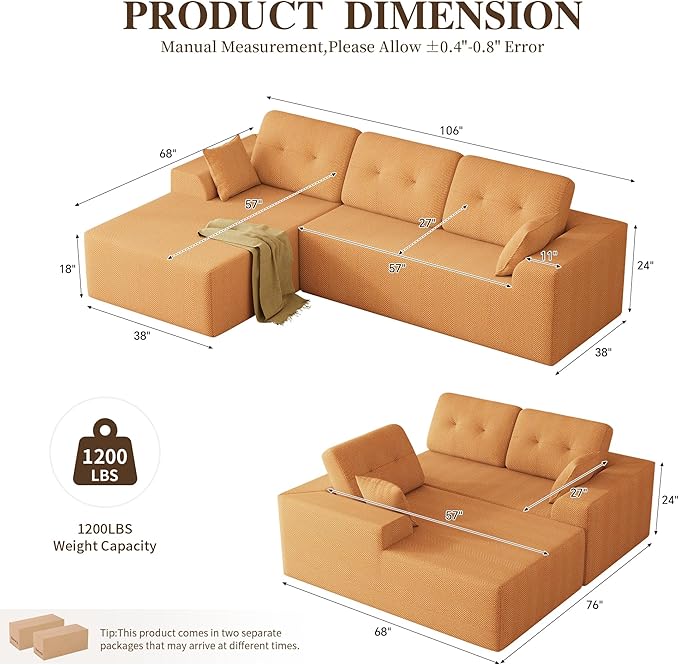 Ball & Cast 106" Cloud Sectional Couch, Compressed L-Shaped Sofa with Deep Seat Chaise, Boneless No Assembly Modular Couch, Foam & Spring Support, 2 Boxes (Right Facing, Chenille Orange)