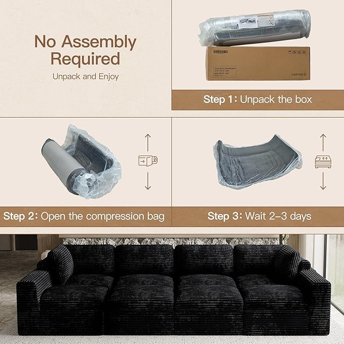 Boneless Modular Sectional Sleeper Sofa Bed Plush Corduroy Cloud Sectional Couches for Living Room with Deep Seat. Black Couch.