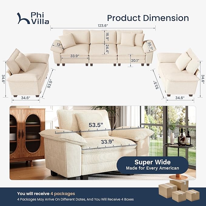 PHI VILLA Cloud Modular Couches Sets, 3 Pieces Large Sectional Sofa Set with Single Sofa, 5-Seater Upholstered Couch for Living Room, Corduroy, Beige