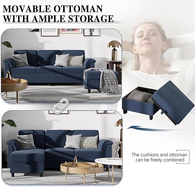 Meilocar Sectional Sofa Couch for Living Room, 79" Sectional Couches with Ottoman, L Shaped Couch with Armrests Side Storage Pockage, Small Sofa Couches for Apartment, Blue