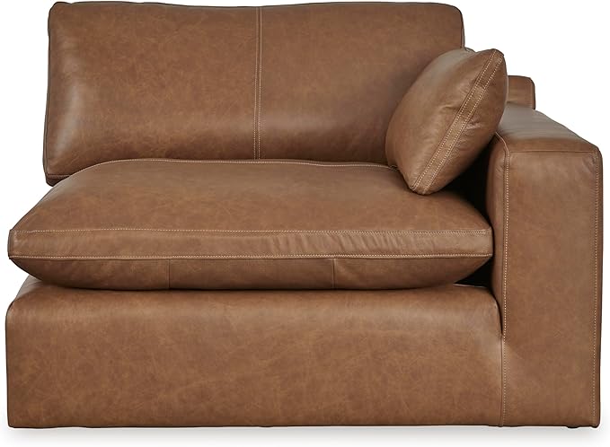 Signature Design by Ashley Emilia Modern Leather Match 3-Piece Sectional Sofa with Loose Back Cushions and 2 Bolster Pillows, Light Brown