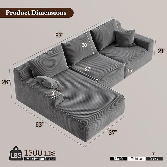 97”Modular Sectional Sofa, Cloud Sectional Couch with Deep Seat, Modern Modular L-Shape Sofa Couch, Upholstered Boneless Couches for Living Room Bedroom (Grey Check, Left Facing Chaise)