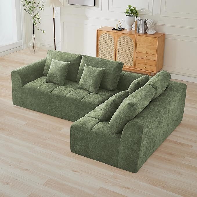 110''Modular Sectional Couches for Living Room, Cloud Boneless Compressed Sofa Right Facing Chaise, Oversized L Shaped 4 Seater Memory Foam Sofa, No Assembly, Chenille Green
