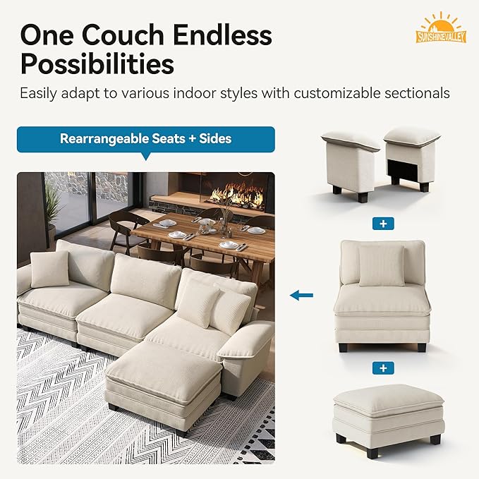 L Shaped Modular Cloud Couch, 123.6'' Comfy Chenille Sectional Sofa with Wider Armrest and Ottoman, Upholstered 4-Seat Modern Deep Seat for Bedroom Living Room, Beige